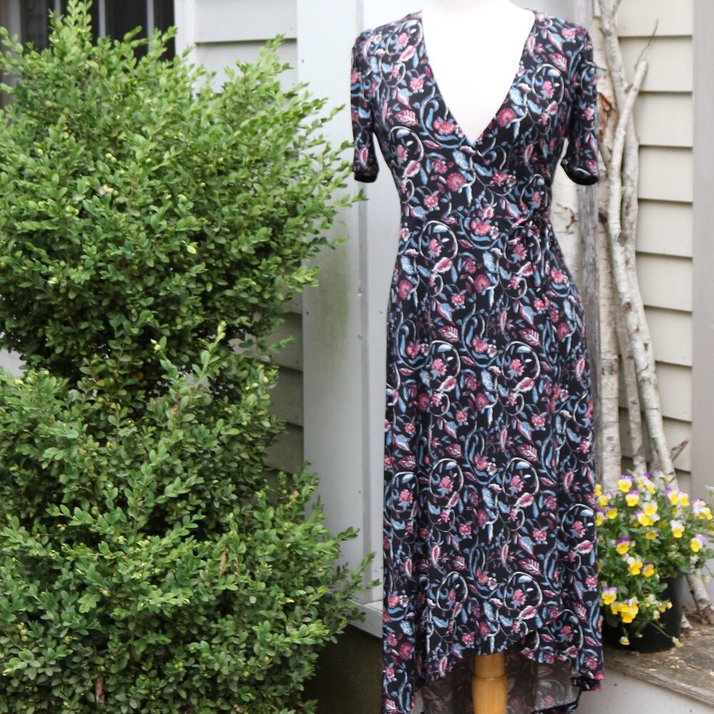Daily Thread Black Multicolor Floral Print Shortsleeve High Low Wrap Dress Sz XS